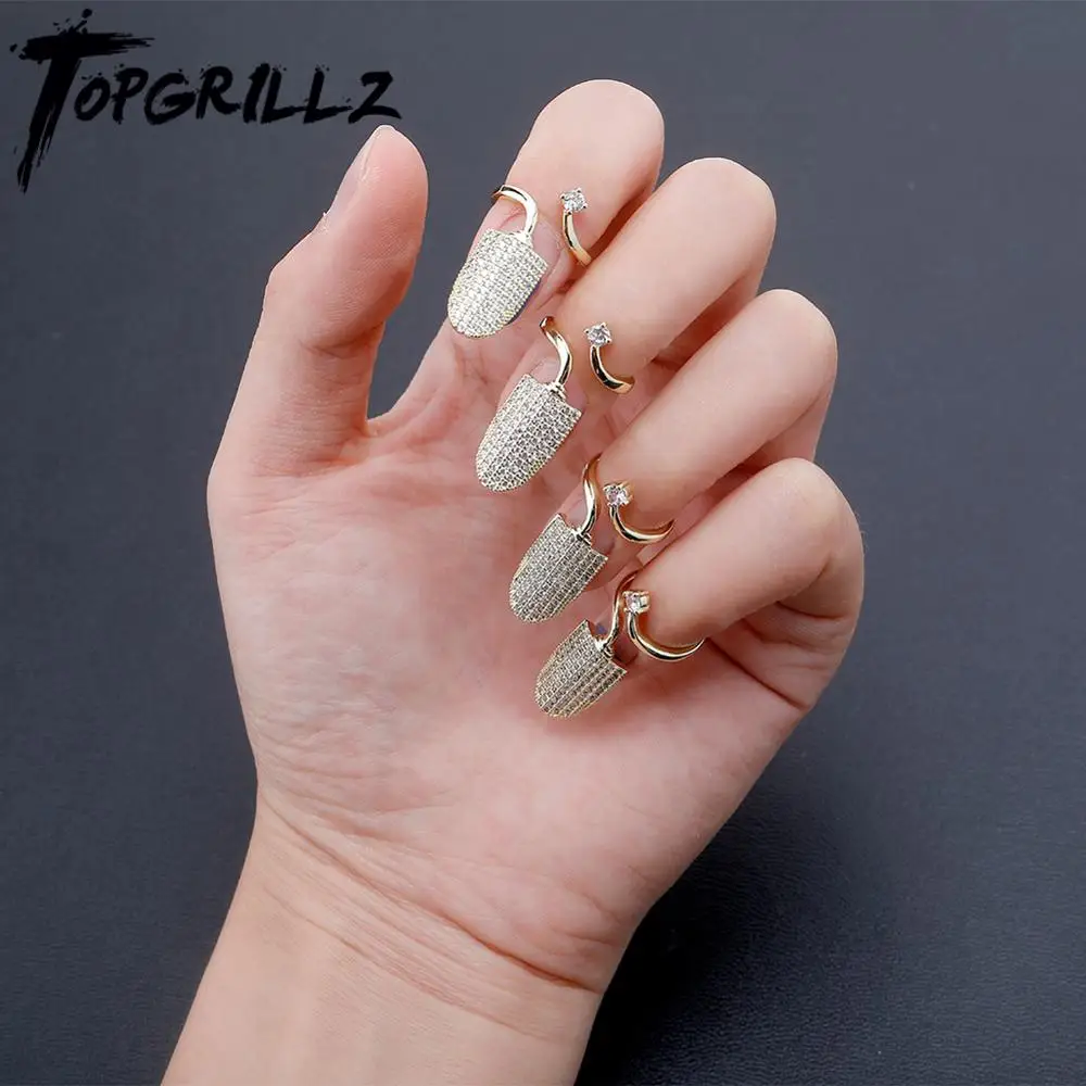 TOPGRILLZ New Nail Ring with White/Blue/Pink zircon Ring Full Iced Out Micro Pave Adjustable Ring Hip Hop Jewelry Gift For Women