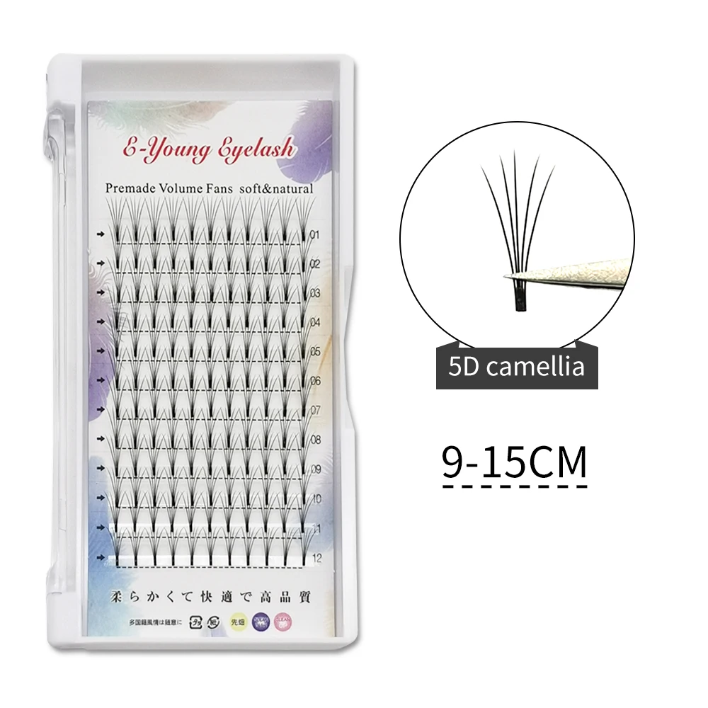 E-YOUNG 2D/3D/4D/5D Camellia Eyelashes Pre-made Curling Fan Short Stem Professional Russian Volume C/D Curling Eyelash Extension