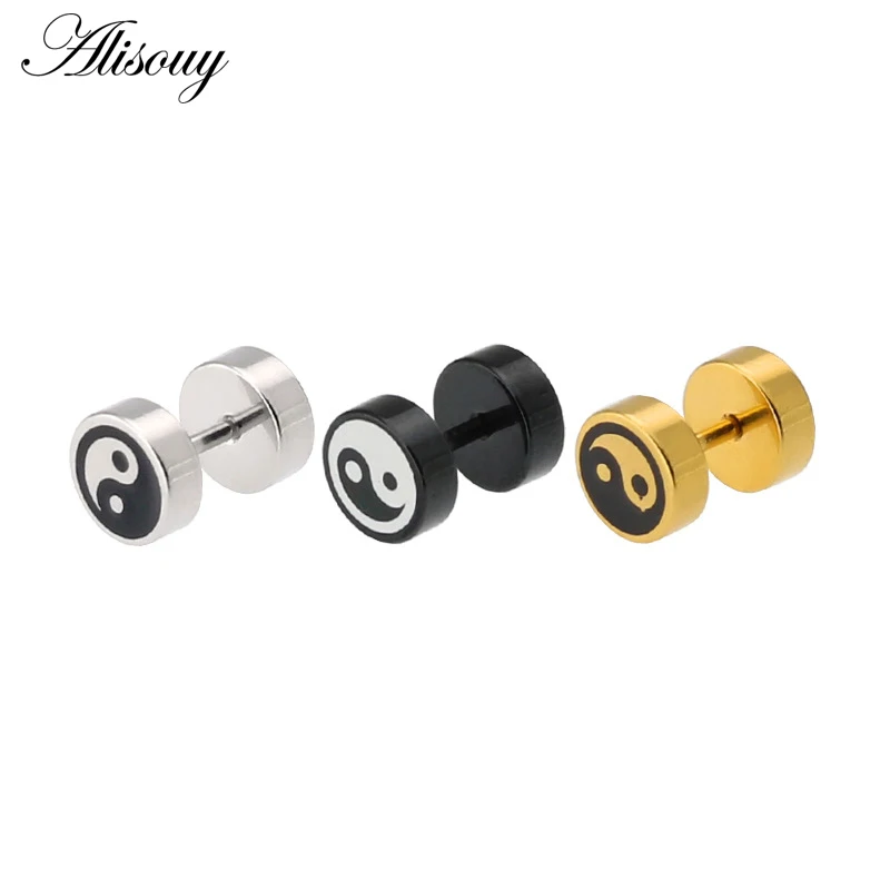 Alisouy 2pcs Gold Color Barbell Stainless Steel Men Earrings Punk Piercing Ear Stud Women Jewelry Best Earing For Friend