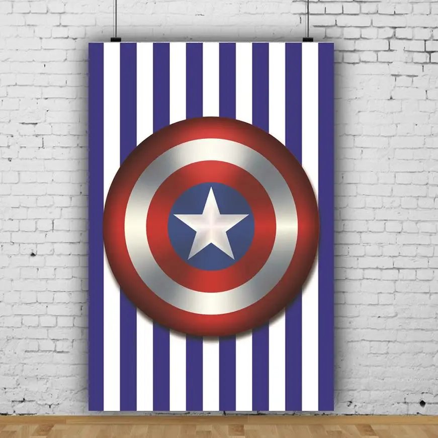 Silver Star Blue White Striped Shield Backdrops Photography Captain Super Heros Boy Birthday Cake Table Cover Decor Backgrounds