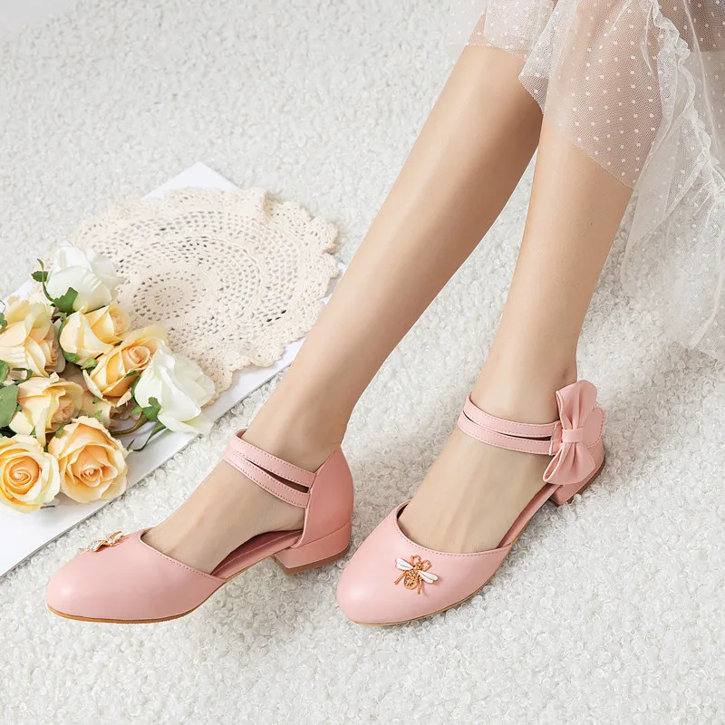 

YQBTDL New Arrival 2024 Summer Party Wedding Bridal White Ladies Shoes Chunky Heels Cute Pink Bowtie Lolita Women Low Heel Pumps