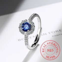 925 Sterling Silver New Woman Fashion Jewelry High Quality Crystal Zircon Blue Sapphire Open Adjustable Ring anillos mujer