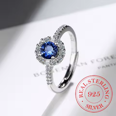 925 Sterling Silver New Woman Fashion Jewelry High Quality Crystal Zircon Blue Sapphire Open Adjustable Ring anillos mujer