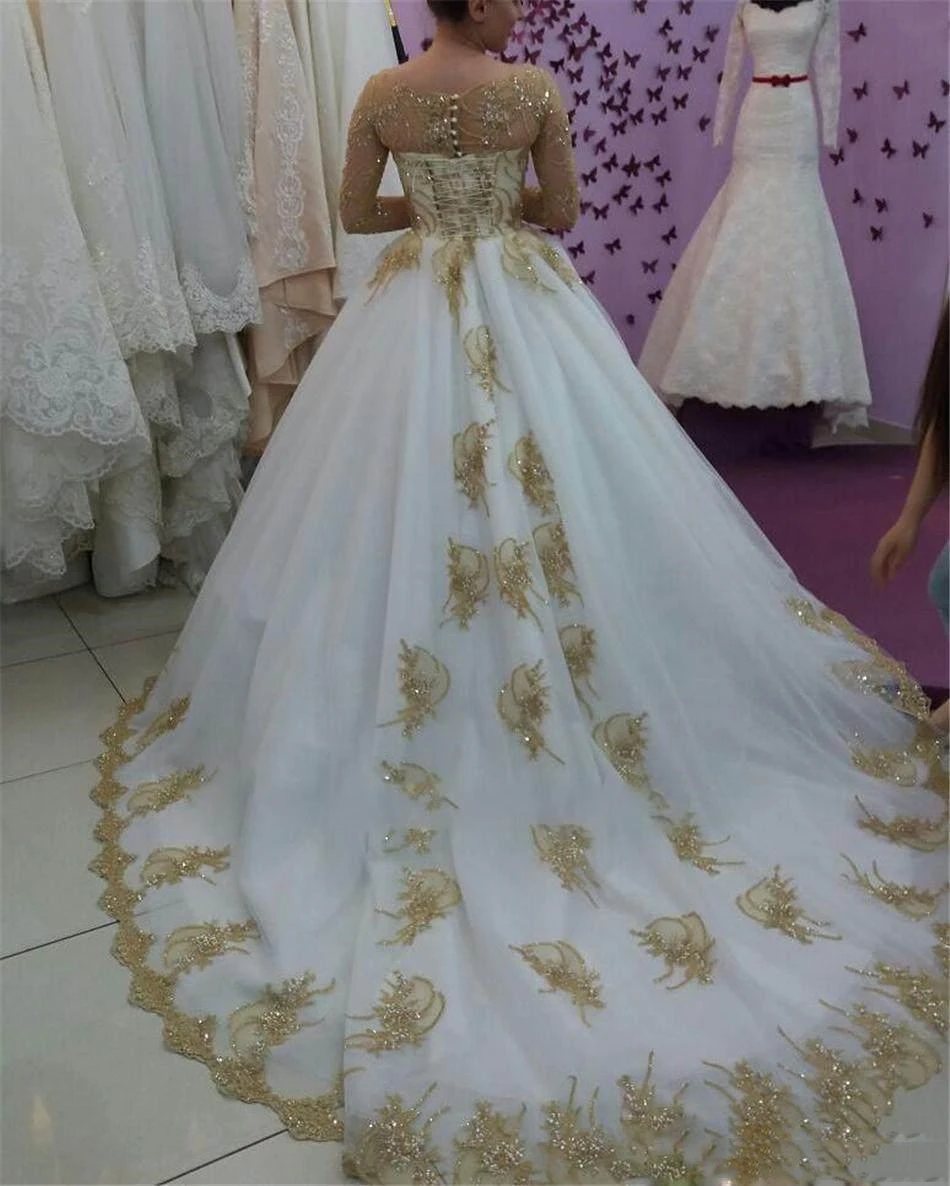 Abito da ballo dell'arabia saudita abito da sposa a maniche lunghe 2023 Applique in pizzo dorato abiti da sposa lunghi retrò Vestidos De Novia