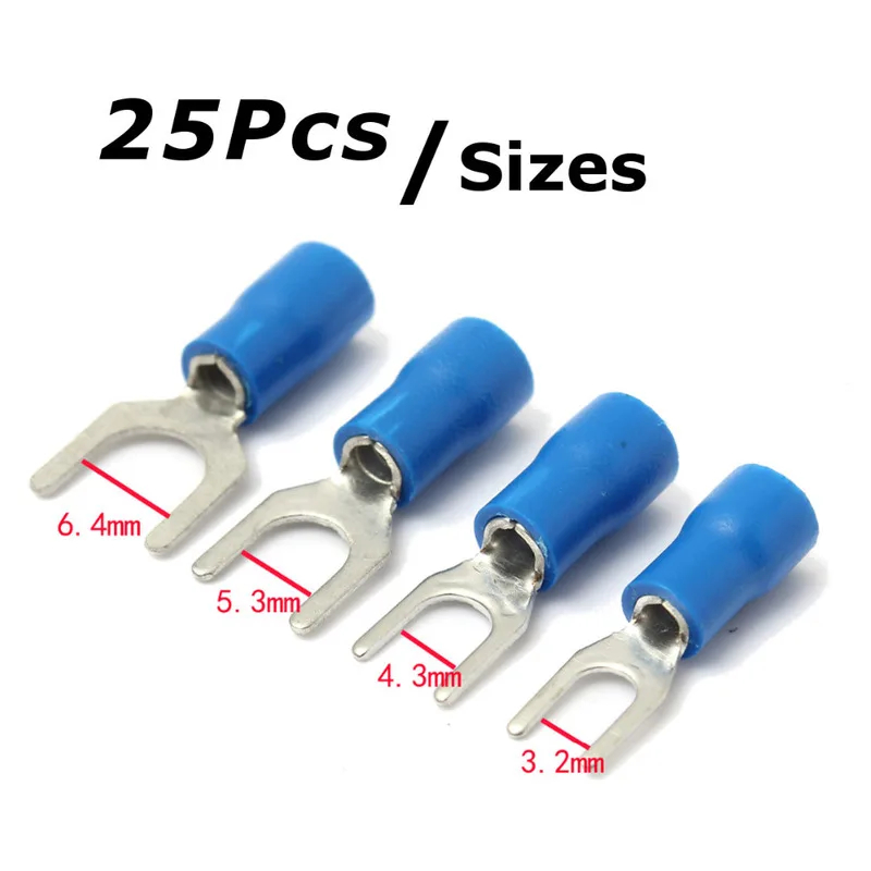 25pcs Blue Insulated Fork Wire Connector Electrical Crimp Terminal 1.5-2.5mm 16-14AWG 6.4m 5.3mm 4.3mm 3.2mm