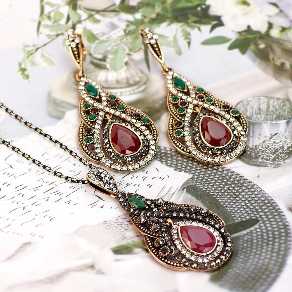 Vintage Turkish Women Jewelry Sets Long Hook Dangle Earring Water Drop Pendant Necklace Antique Gold Color Arabic Bride Bijoux