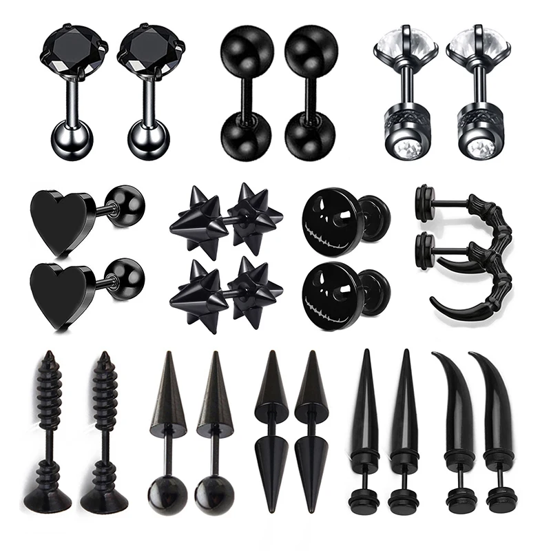 1 Pair Gothic Black Steel-Color Funny Screw Back Stud Earrings For Men/Women Round Ball Spike Cone Tip Stainless Steel Jewelry