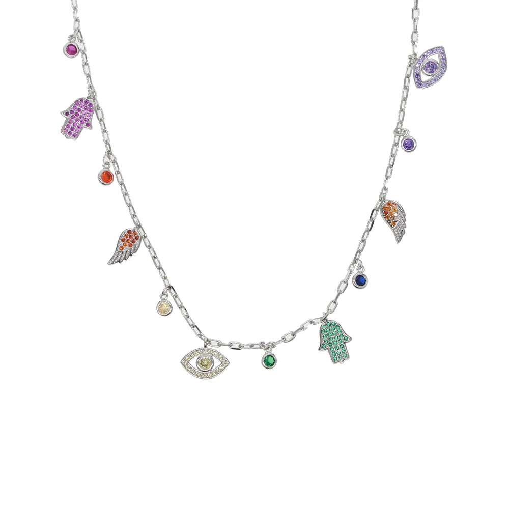 New sexy women jewelry lucky hamsa hand evil eye cham necklaces silver color paved cz jewelry necklace