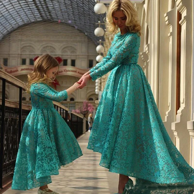 Long Sleeves Arabic Mother And Daughter Prom Party Dresses Full Lace Hunter Custom Made Cheap Hi Lo Evening Gowns