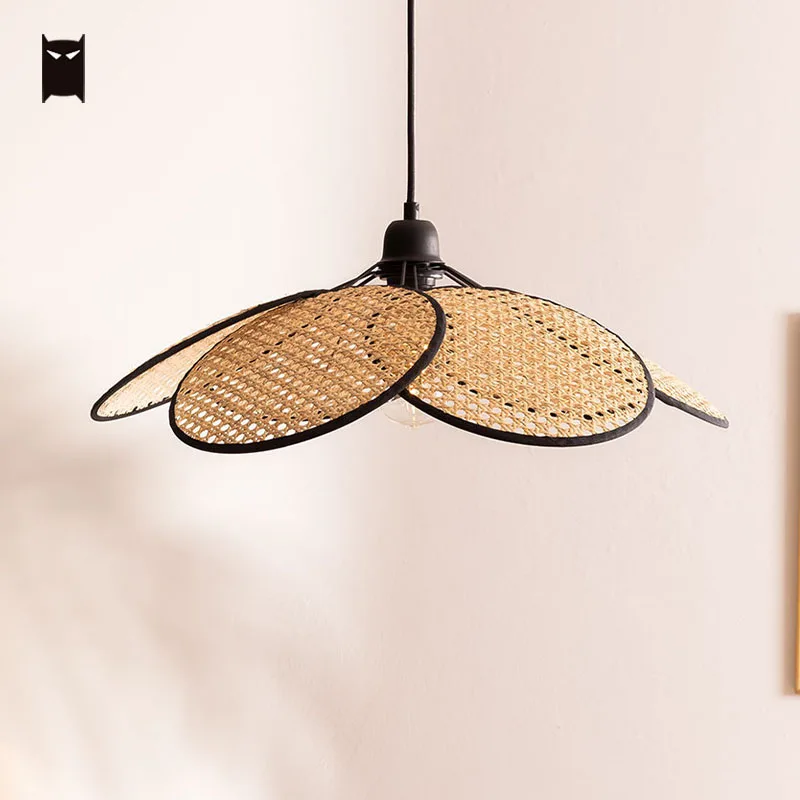 60cm Handmade Bamboo Wicker Rattan Fan Pendant Light Fixture Japanese Vintage Country Nordic Hanging Ceiling Lamp Living Room