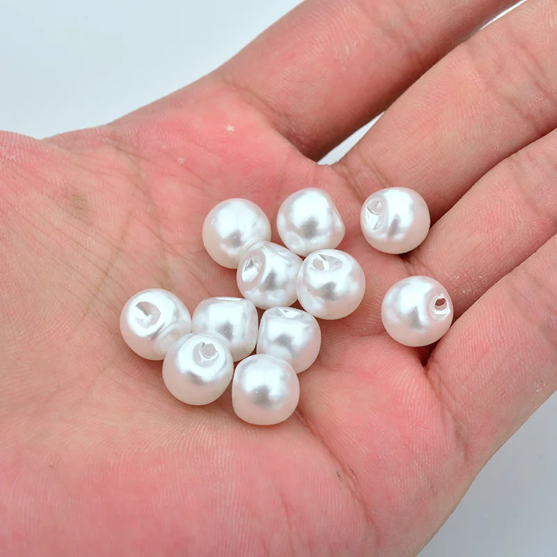 JUNAO 50pcs 8 10 12 mm White Pearl Buttons Plastic Round Beads Flatback Sewing Buttons Shank Pearl Beads for Clothing Decoration