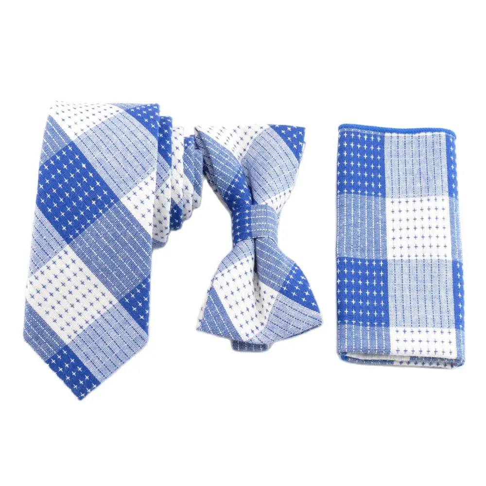 Men's sapphire white Ties 3 pcs set stars Bowtie and handkerchief cotton Tie Accessories For Men fashion meeting neckties blue