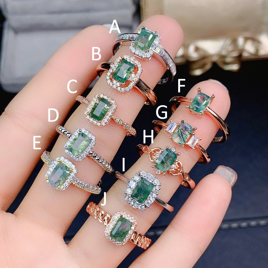 

High Quality Emerald Cut Green Moss Agate Rings Natural Stone 925 Sterling Silver Engagement Ring For Women Fine Jewelry