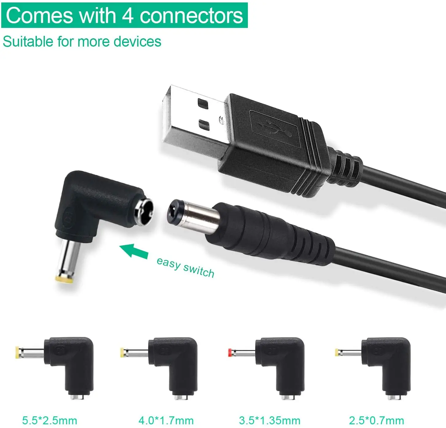 USB Type-A Male to 5.5mm x 2.1mm Barrel 5V DC Power Cable with 4 Connectors Compatible with Laptop, Notebook, HUB Splitter