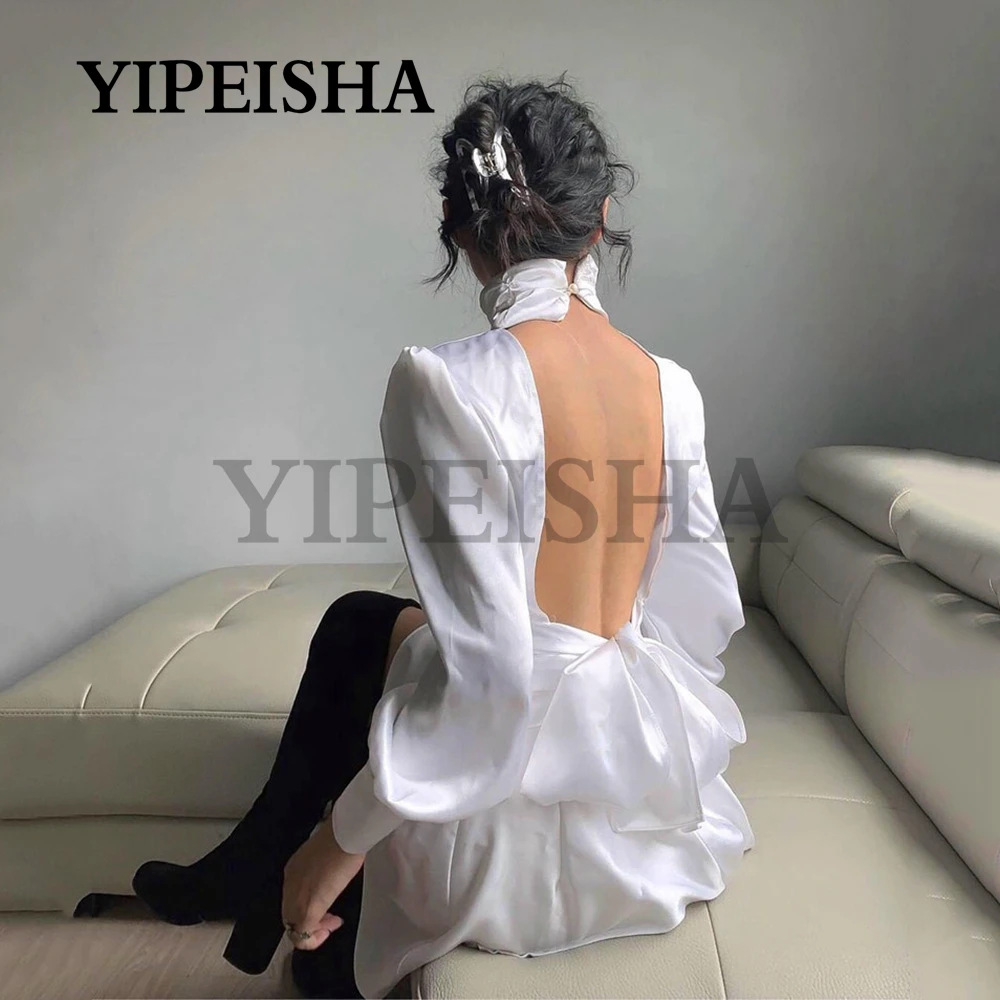 สูงคอง่ายค็อกเทล Backless มินิซาตินแขนยาวเซ็กซี่ชุดสวมใส่ทุกวัน Robe De Soirée Femme Vestidos