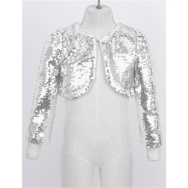 Vestido de flores con lentejuelas brillantes para niñas, Chaqueta corta de manga larga, Bolero, encogimiento de hombros