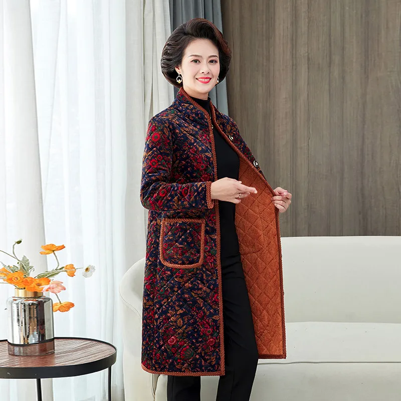 Middle-aged and Elderly Women\'s Cotton Coat 2022 New soft Winter Jackets Printing Single-breasted long Parkas Overcoat