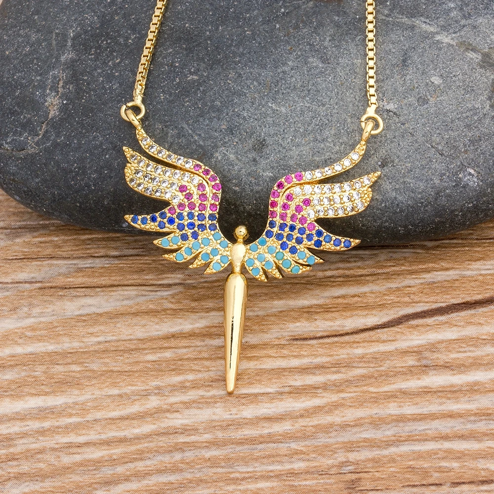 Nidin Classic Angel Wings Rainbow Pendant Necklace Copper Cubic Zirconia Chain Necklace Party Wedding Jewelry Gift For Women