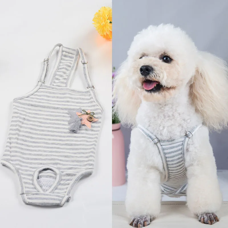 Gray Strips Female Dog Physiological Pants Washable Diapers Jumpsuit Dog Shorts For Small Medium Dogs Underwear Sanitary Panties