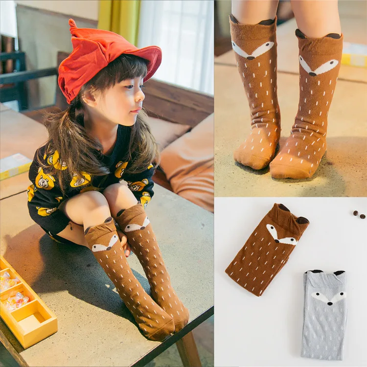 Calcetines hasta la rodilla de zorro para niños, calcetín Kawaii de dibujos animados, estilo de diseñador de marca, algodón, Unisex, Invierno