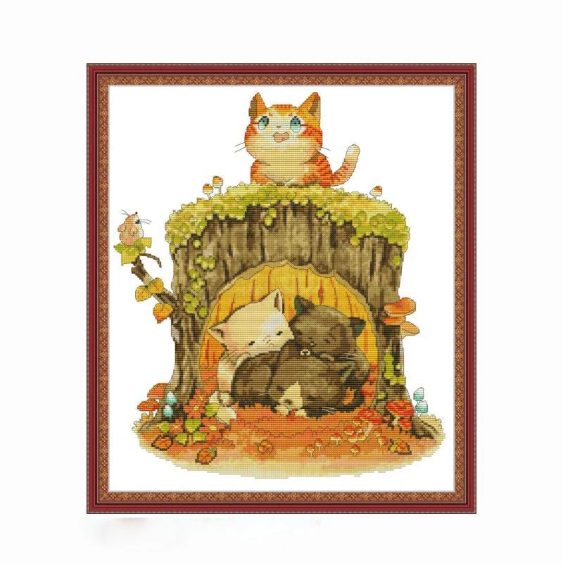 Joy Sunday Cross Stitch Kits Kitten Under The Stump Patterns 14CT 11CT Counted Cross Stitch  Handmade Embroidery Needlework Sets