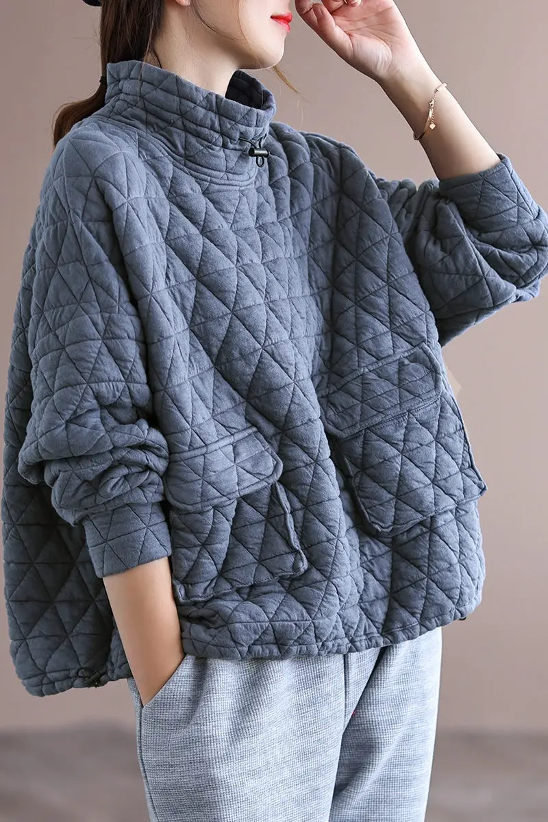 Autumn Winter Clothes Female Leisure Thermal Cotton High-Neck Sweatshirt Women Loose Hedging Rhombic Quilted Jacket Tops M2059