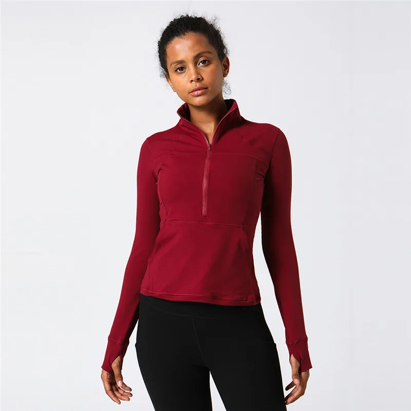 Solid Color Women Sport Jacket Top Stand-up Collar Half Zipper Long Sleeve Fitness Sweatshirt Jacket Yoga Shirt Stretch Gym Coat