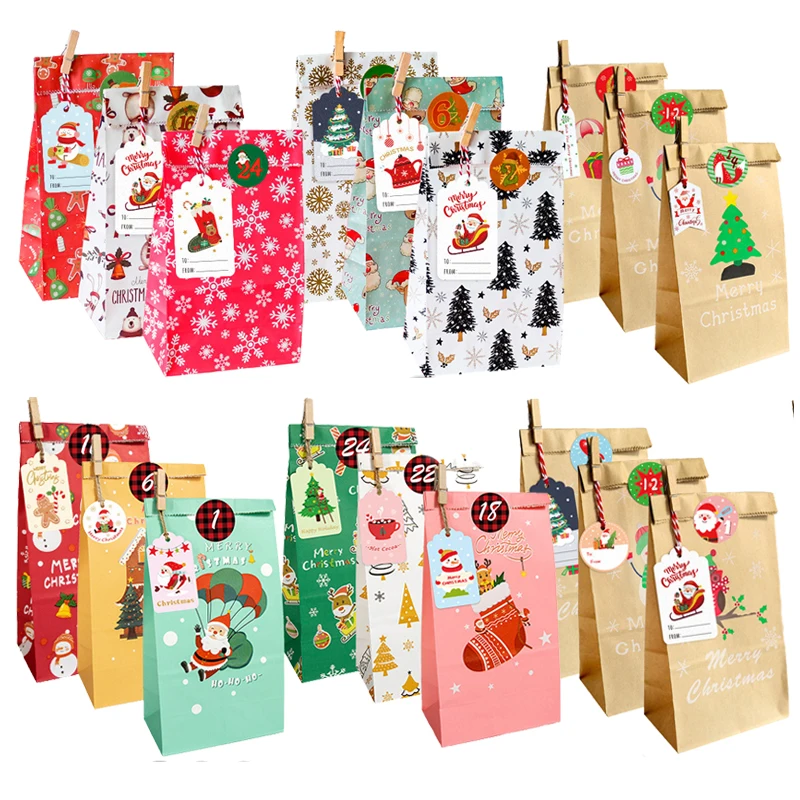 24sets Merry Christmas Kraft Paper Bag Candy Cookies Treats Baker Packaging Bags DIY Gift Bag Party Decor Favor Xmas Noel Navida