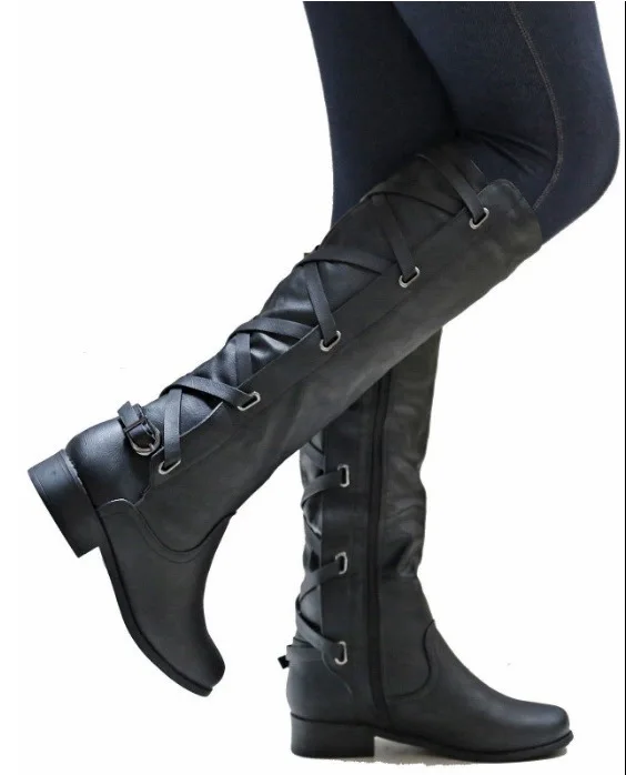 Women Knee-High Boots Fashion Boots Buckle Strap Cross Tie Boots Woman Shoes Ladies Spring Boots Waterproof Rainboots 35-43