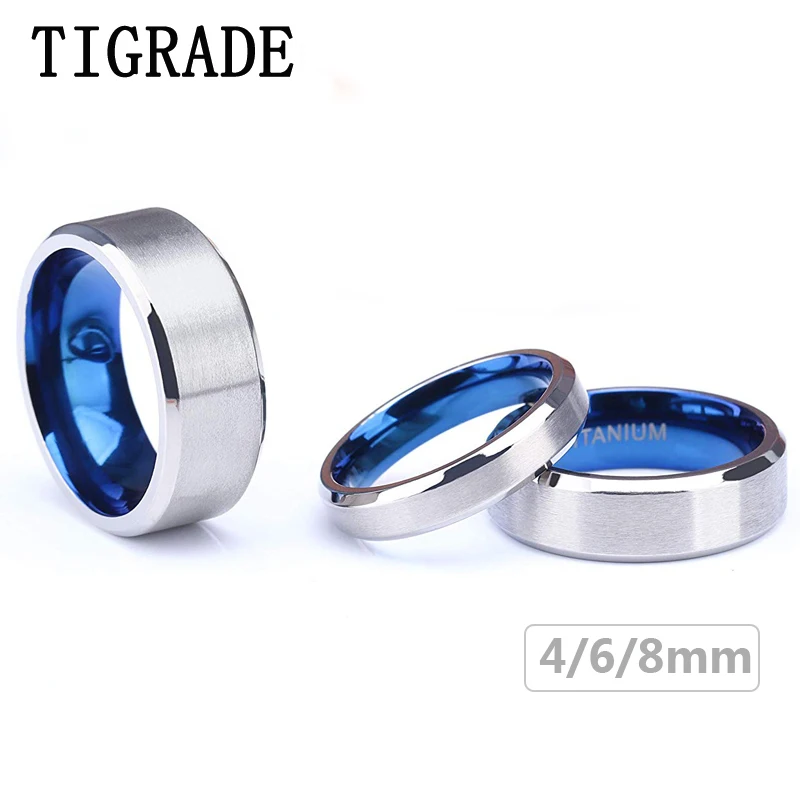 Tigrade 100% Pure Titanium Men Women Ring Silver Color Blue Inside Classic 4/6mm Wedding Rings Engraving Provide Drop Shipping
