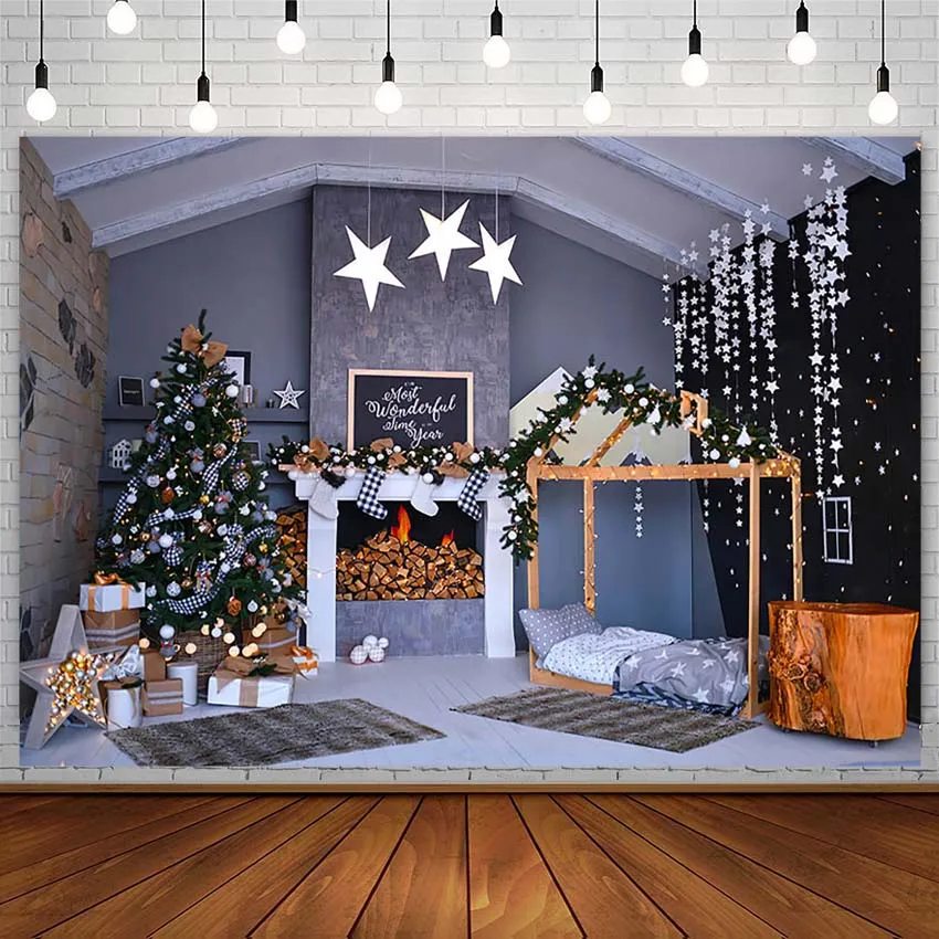 

Merry Christmas Tree Backdrop Winter Fireplace Star Gift Baby Portrait Decor Photography Background Photo Studio Props Photozone