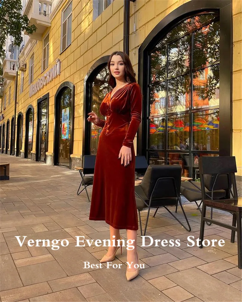 Verngo – robe de soirée en velours, manches longues, col en V, mi-longue, Simple, élégante, pour femmes, 2022