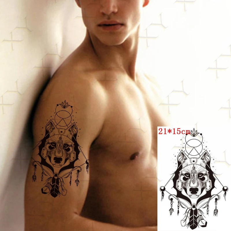 Waterproof Temporary Tattoo Sticker Wolf Head  Lion Flower Totem Fake Tatto Flash Tatoo Back Leg Big Size Art for Women Men