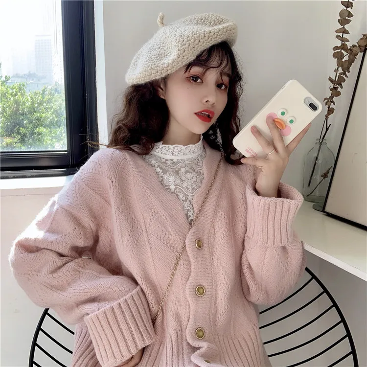 2020 spring new Korean sweet wave pattern V-neck knitted jacket + wild stand-up collar long-sleeved lace shirt women