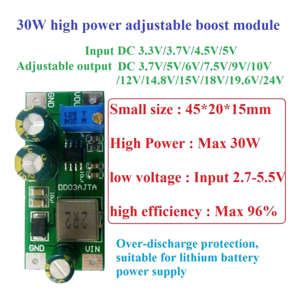 DC 2.7-5.5V to 3.5-24V 6A DC-DC Step-Up Board Boost Converter 30W High Power Adjustable Boost Module for 18650 Lithium Battery