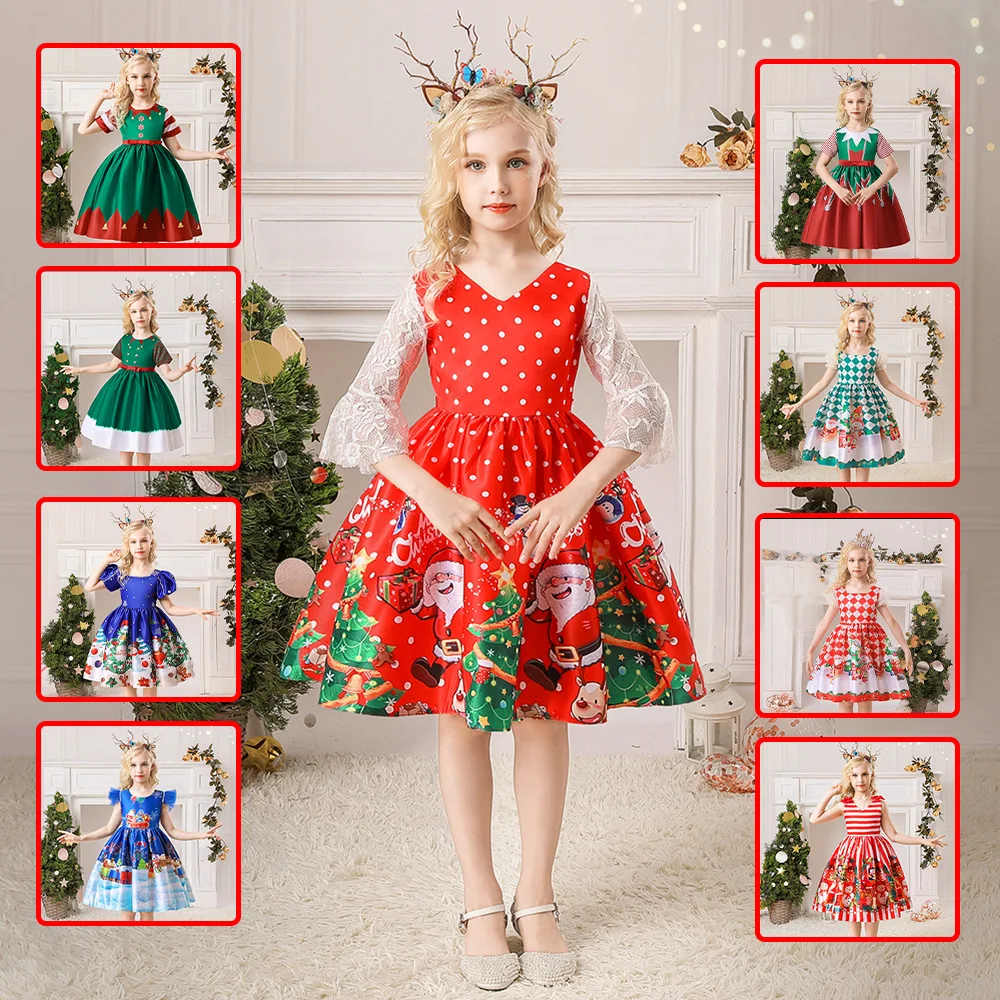 Girls Christmas Dresses For Kids Xmas Green Red Clothes Children New Year Party Princess Costume Santa Claus Cosplay Prom Gown