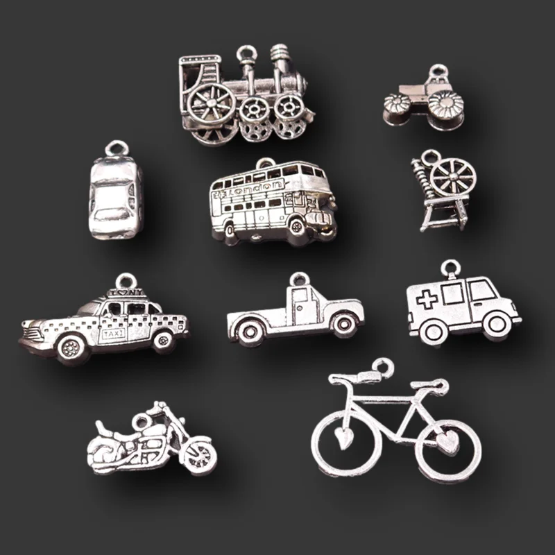 10pcs Mix Silver Plated Traffic Tools Charms Car Motorcycle Tractor Train Ambulance Necklace Pendants DIY Jewelry Crafts Making