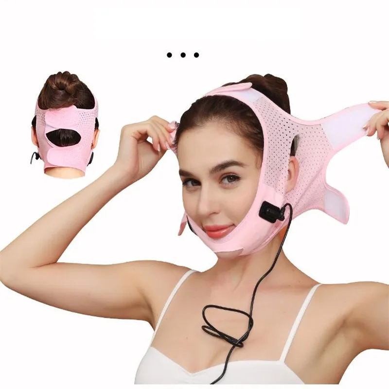 Pink Electric V-Line Up Lift Belt EMS Therapy Face Slimming Vibration Massager Reduce Double Chin 3 Levels High Elastic Bandage