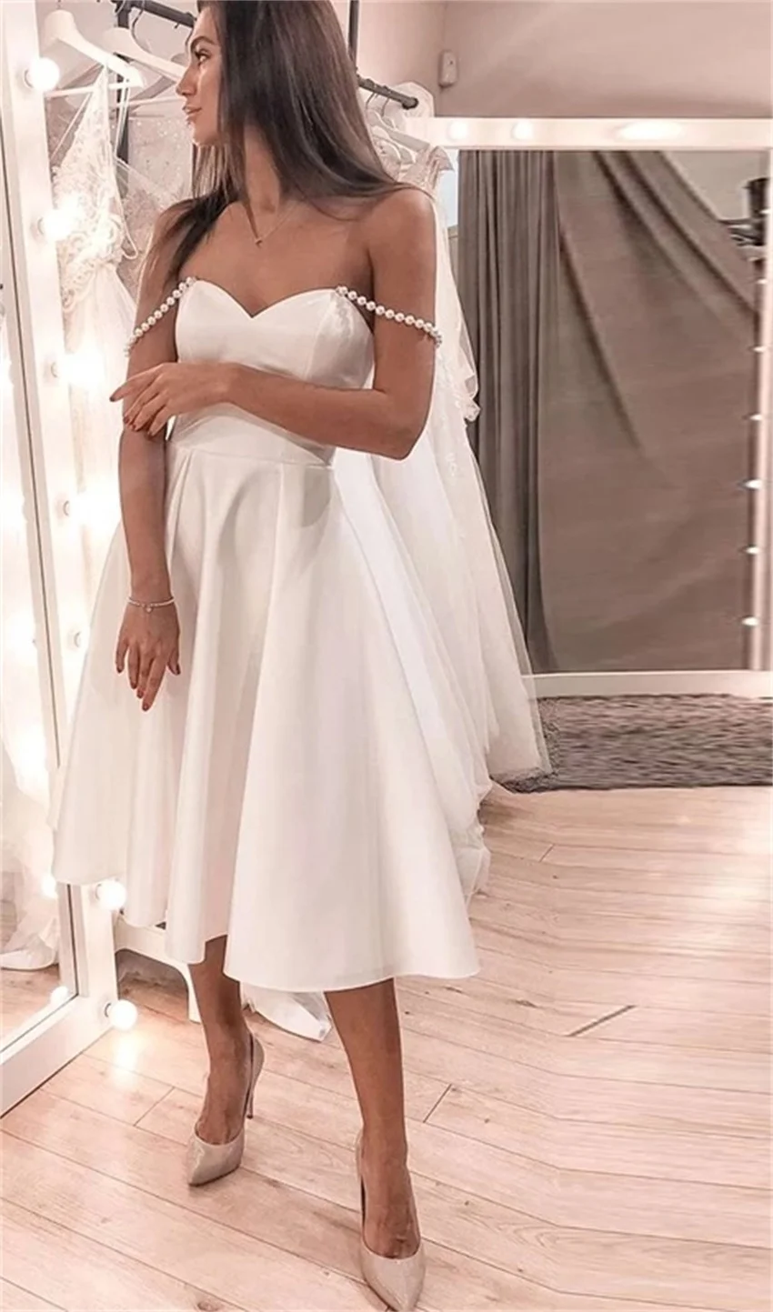 New arrival Sexy Satin Wedding Dress for Women Tea-Length Sleeveless A-Line Off the Shoulder Robe De Mariee Vestido Novia