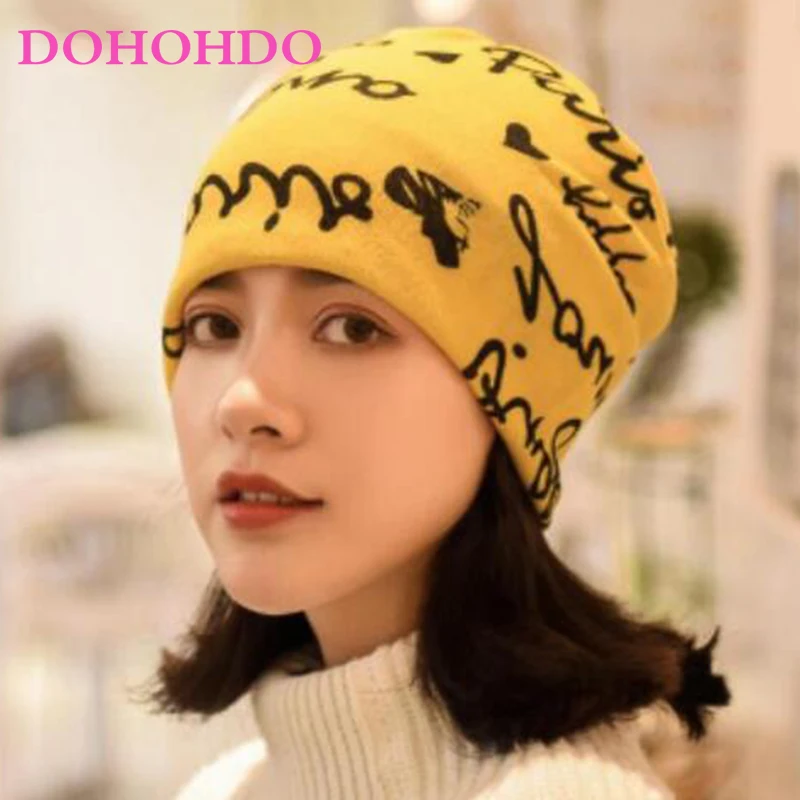 DOHOHDO New Fashion  Hat Scarf Knit 21 Colors Women Beanies Caps Spring Women Beanie Hat For Women Caps 3 Way To Wear Bonnet