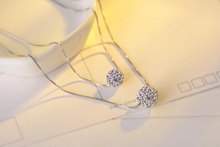 925 Sterling Silver Double Layer Shiny Cz Zirconia Crystal Lucky Ball Pendant Necklace For Women Gift Collares S-n58