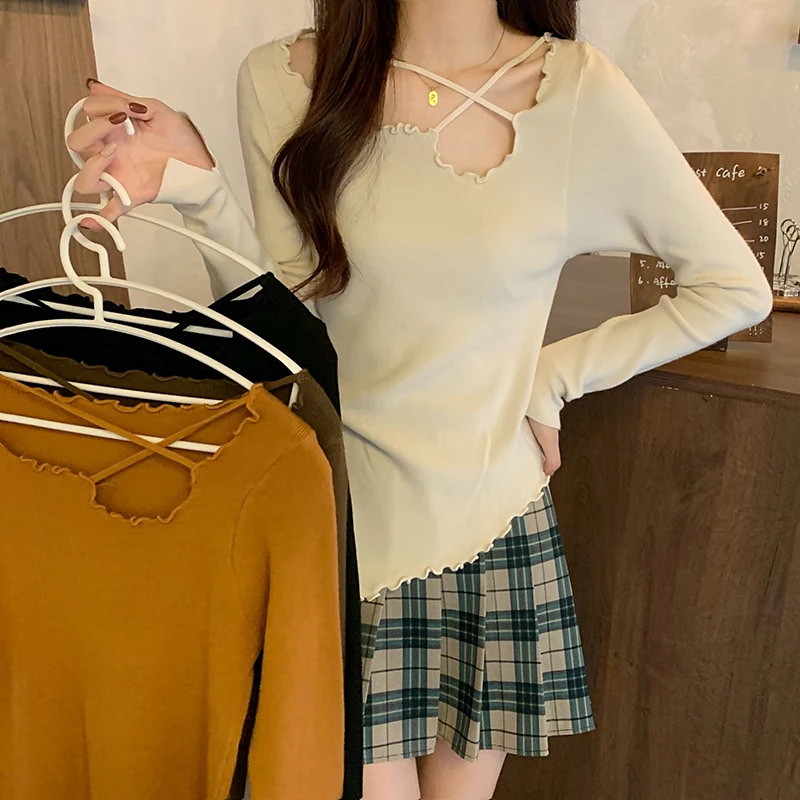 

Irregular Ruffled Collar Slim Knitwear Women 2022 Spring Elegant criss-across Sweater Tops Clubwear High Street Pull Femme