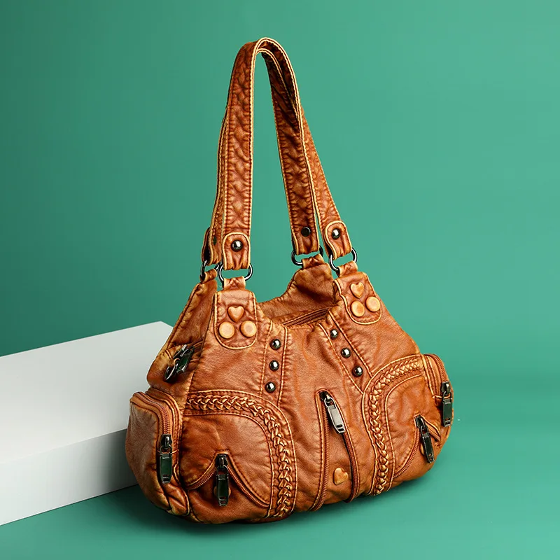 Yogodlns Vintage Weiche PU Leder Schulter Tasche Frauen Große Kapazität Handtasche Mode Umhängetasche Nähte Farbe Griff Tasche sac – Detail 17