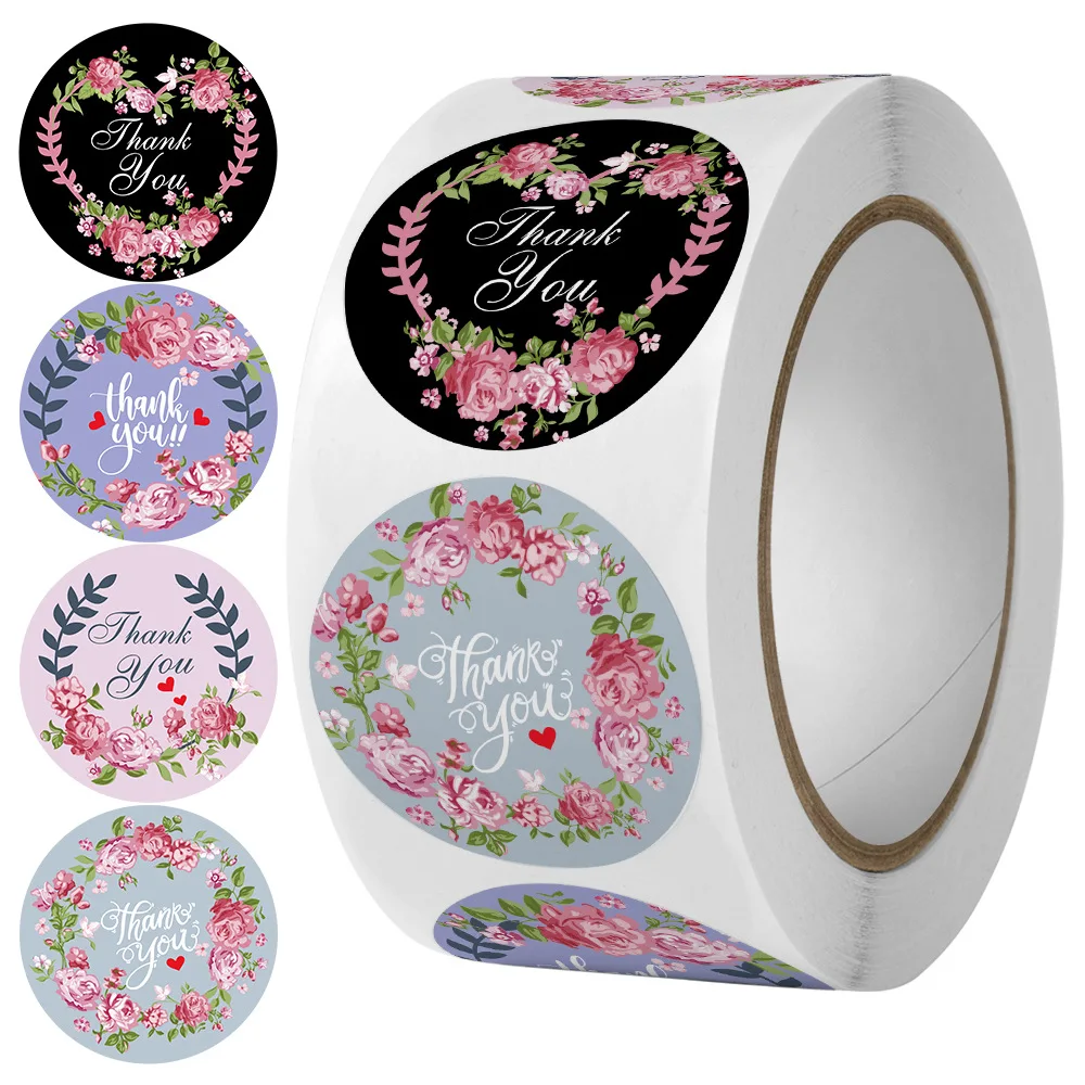 Floral Thank You Stickers, 500pcs Round Thank You Stickers Roll Perfect for Wedding, Party, Birhday, Graduation, Small Business