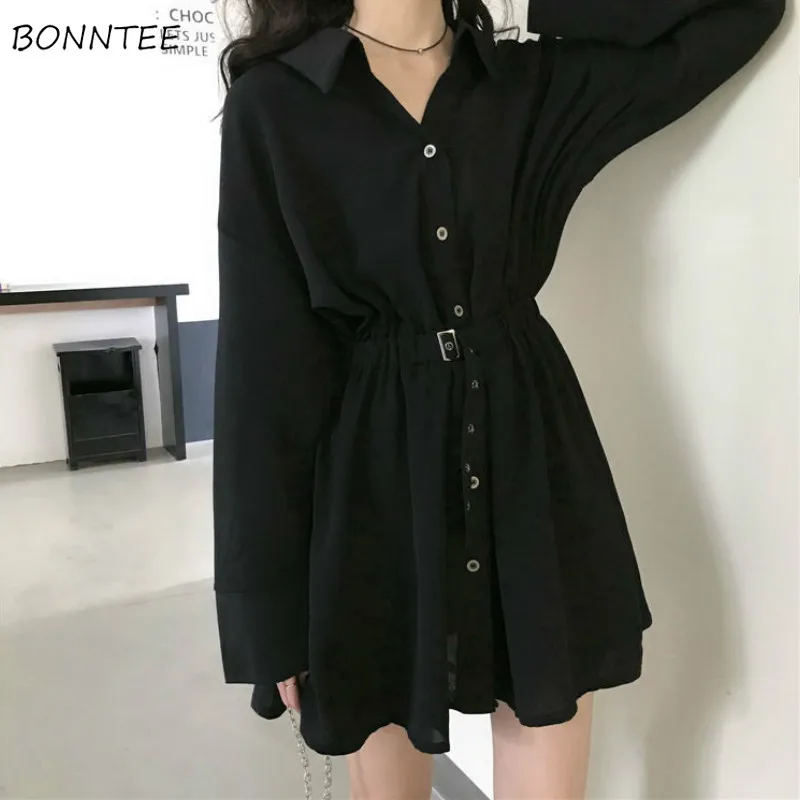 Dress Women Pure Turn-down Collar Button Long Sleeve Collect Waist Elegant Fashion Black Clothing Fall 2020 Hepburn Vestido Chic