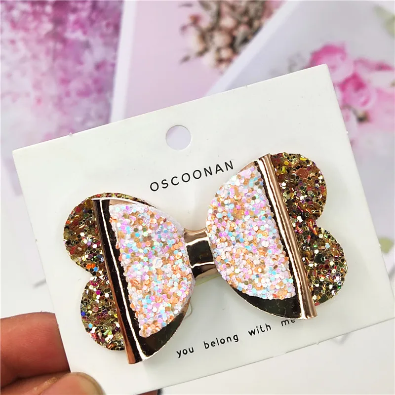 1PCS Lovely Golden Leather Glitter 2.6 Inch Bow Elastic Hair Bands Hairpins Barrettes Party Clip Hair Accessories For Baby Girls