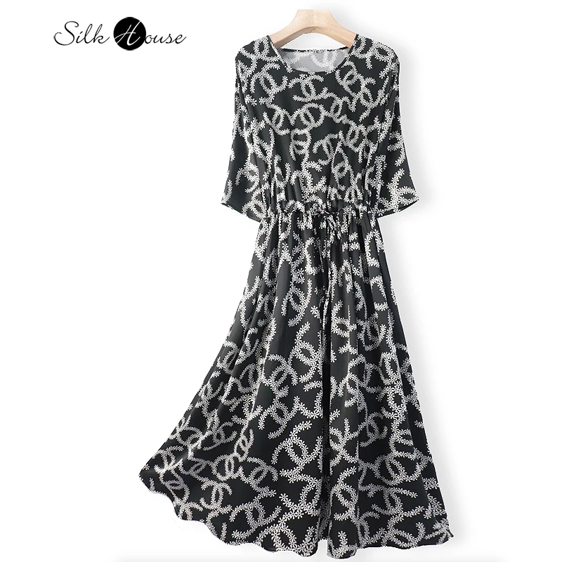 Heavy Silk Satin Black and White Mulberry Silk Dress Drawstring Silk Medium Length Skirt A-shaped Women's Fashion Dress