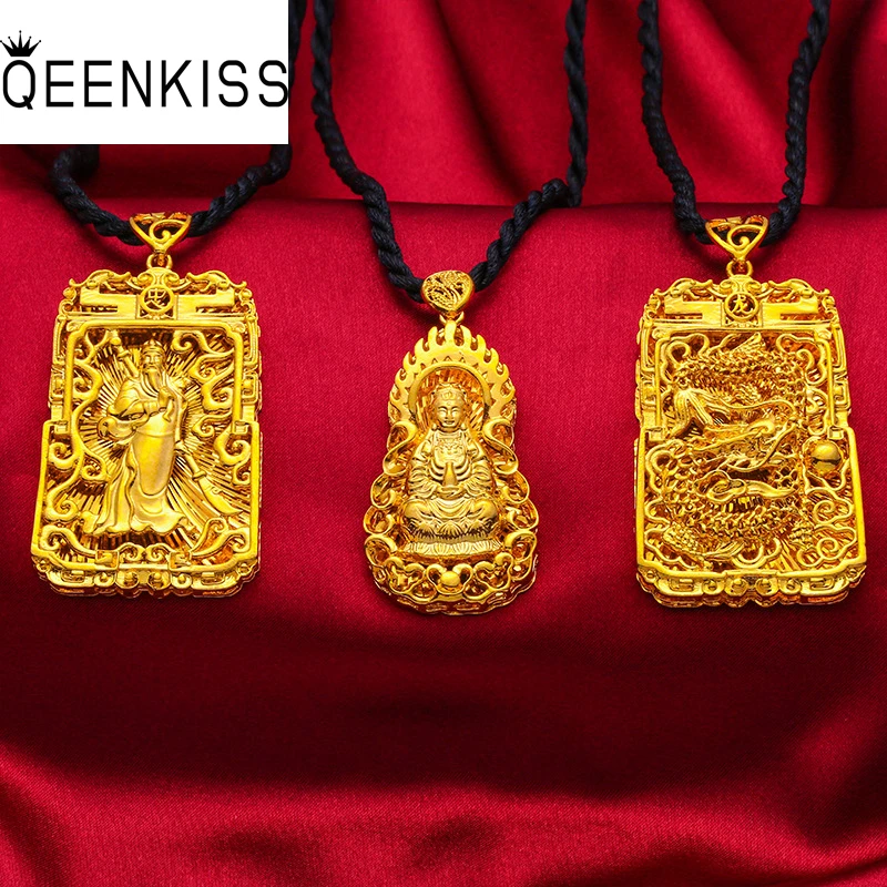 

QEENKISS NC5138 Fine Jewelry Wholesale Fashion Man Woman Birthday Wedding Gift Guanyin Dragon 24KT Gold Pendant Rope Necklaces