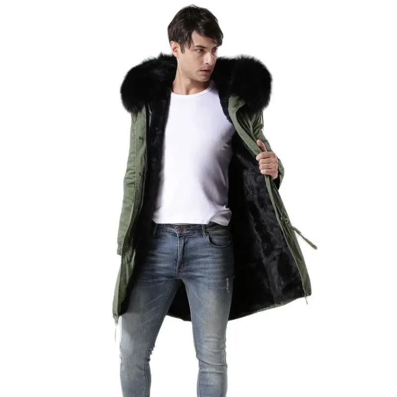 MR Long Style Black Biggest Collar Army Green Fashionable MR Parka, Mens Winter Black Fur Parka