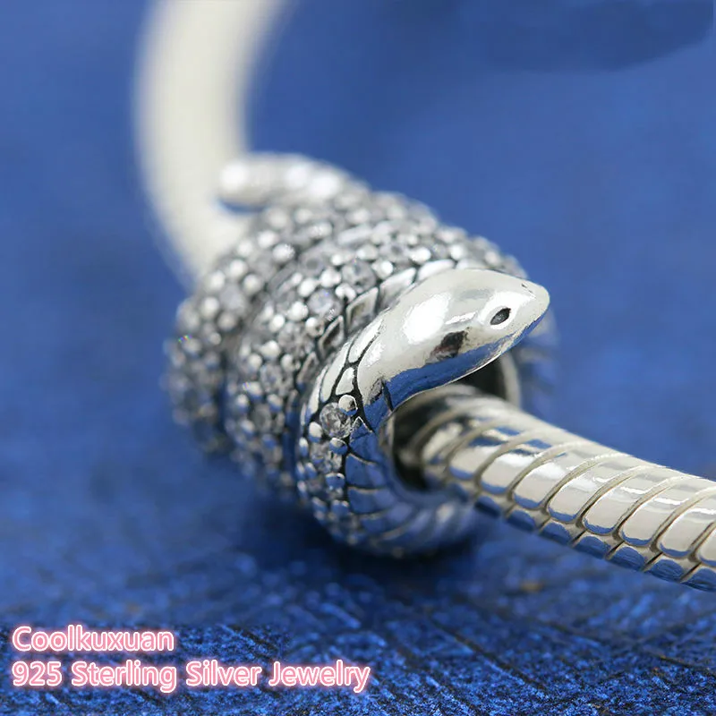 100% 925 Sterling Silver Sparkling Wrapped Snake Charm beads Fits Original Pandora bracelets Jewelry Making